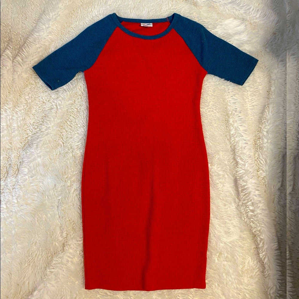LuLaRoe Julia Dress, Red Body with Blue Sleeves sz S